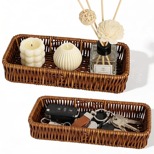 2PCS Rattan Tray, Hand Woven Key Bowl for Hallways, Key Trays Decorative for Keys, Perfume, Candles, Coffee Table Decor, Bathroom Countertop Storage, Candle, Ornament