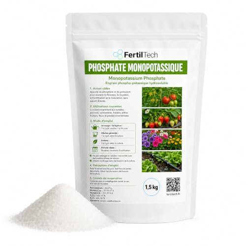 FertilTech Phosphate Monopotassique MKP 1.5 kg | Engrais Phospho Potassique Hydrosoluble, Sans Azote, Soluble pour Arrosage, Fertigation, Jardin, Potager, Fleurs et Fruitiers
