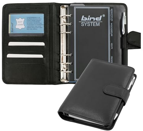 Bind 10111 - Organiseur A6 en cuir nappa - Organiseur - Agenda en noir - Dossier d'environ 19 x 14 x 4 cm, chemise avec insert avec calendrier, 1 jour = 1 page, chemise avec fermeture à pression