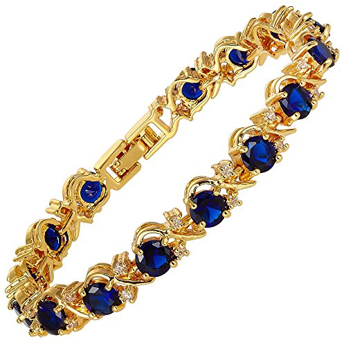 Rizilia blom tennisarmband [18 cm/7 tum] med runda skurna ädelstenar CZ [6 färger tillgängliga] i 18K gult guldpläterat, enkel modern elegans e silverpläterad, colore: Blue Sapphire, cod. LB1224BLU