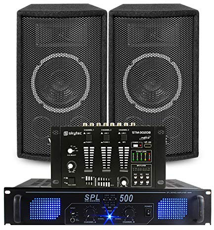 Vonyx SL6 Passive PA Speaker System with Skytec SPL-500 Amplifier & 6-Channel Mixer - Ideal DJ Setup for Karaoke, Home Parties & Disco Events - Complete 500W Sound Solution