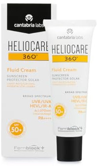 Heliocare 360 Fluid Cream SPF50+ 50ml / Sun Cream For Face/Daily UVA, UVB Visible light and infrared-A Anti-Ageing Sunscreen Protection/Dry and Normal Skin Types/Hydrating