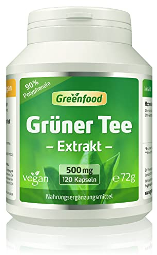 Grüner Tee Kapseln, hochdosiert, 400mg - 120 Kapseln, vegan. Grüner Tee Extrakt - mit 90% Polyphenolen. OHNE künstliche Zusätze - laborgeprüft. Von Greenfood.