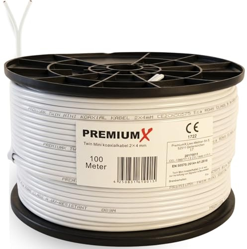 Premium X 100m Sat Koaxialkabel Twin Mini 2 x 4 mm Weiß - extra dünn & 2-fach geschirmt - platzsparendes TV Antennenkabel für SAT | DVB-T | Twin Receiver - Ultra HD 4K 3D