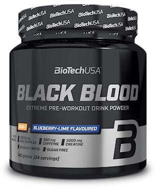 BioTechUSA Black Blood NOX+ | pre-workout med koffein & kreatin | Med citrullin, arginin & beta-alanin | NOX-komplex | L-tyrosin | sockerfri | 340 g, Blåbär-Lime
