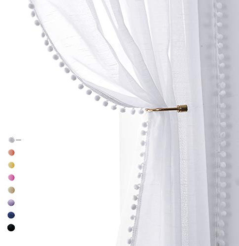 Treatmentex Pompom Sheer White Curtains for Living Room 84 Long Linen Textured Window Curtain Draperies for Bedroom 52 W, 1 Pair
