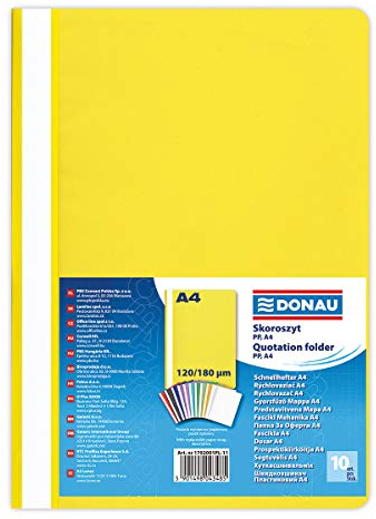 DONAU 1702001PL-11 Plastik Schnellhefter A4 Gelb/ Sichthefter Kunststoff aus öko PP-Folie 120/180 µm/ mit transparentem Deckel/ für Büro und Schule/ Fassungsvermögen ca. 200 Blatt | 10er Pack