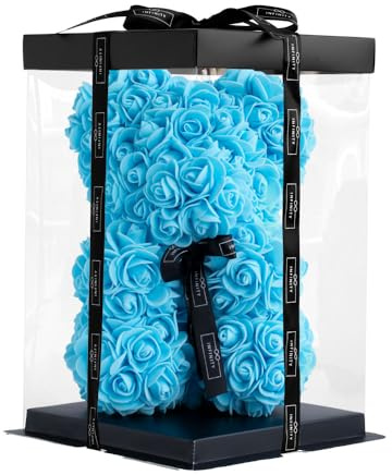 Infinity® Rosenbär Blau 25 cm – Handgefertigter Bär mit Geschenkbox & über 300 duftenden 3D-Rosen – Geschenk für Frauen, Geburtstag oder Jahrestag