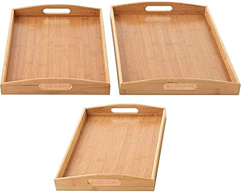 Unibos Set of 3 Bamboo Serving Trays -serving Platters Raised Edges Lightweight Perfect for Breakfast in Bed & Tea with Carry Handles