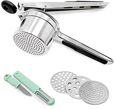 Cook Army Potato Ricer Stainless Steel Professional – 15 Oz Ricer Kitchen Tool With 3 Interchangeable Discs & Non Slip Handle – Mashed Potatoes Ricer & 3 in 1 Veggie Potato Peeler Knife Gadget