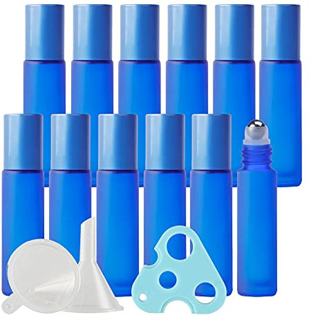 TIANZD 12 Stück Leere 10ml Matt Blau Glas Roller Flaschen mit Alu Schraubverschluss, Roll-On Glasflaschen mit Glasroller für Ätherische Öle Essential Oil mit Trichter Öffner