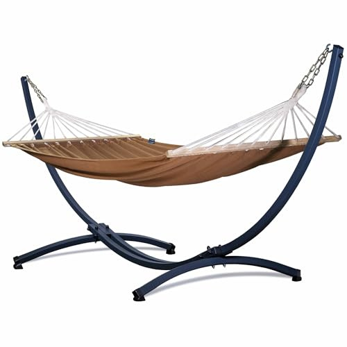 Potenza Outdoor Hängematte mit Gestell für 2 Personen I Stabhängematte XXL 220x160, 200kg I Verzinkter Hängemattengestell 220kg Wetterfest (Braun, Basic Gestell Graphit)