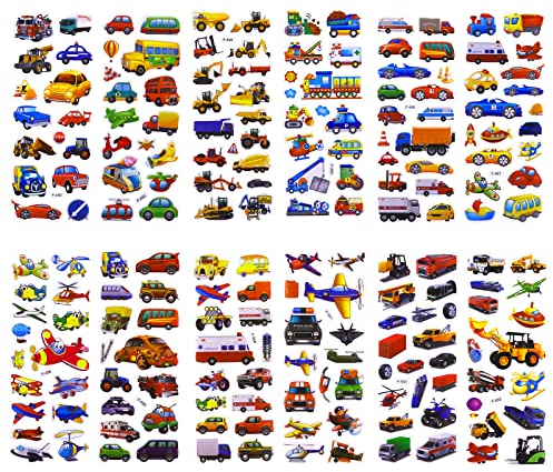 Cobee 3D Puffy Car Theme Kids Stickers, 12 Sheets, Multicolor, PVC, Waterproof, Cartoon Style, Ideal for DIY Decoration, Craft Scrapbooking, Teacher Rewards