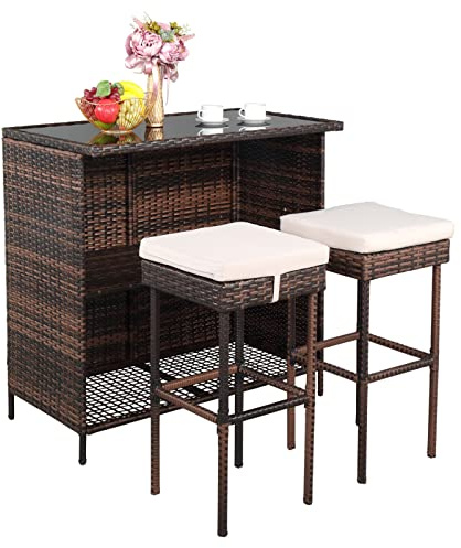 Outvita Wicker Patio Outdoor Bar Set with Glass Top Table and Two Cushioned Stools Brown Backyard Furniture Poolside, Garden, Porches