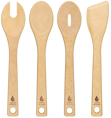 Natural Elements Recycled Wood Fibre 4-Piece Kitchen Utensil Set, Spatula, Cooking Spoon, Slotted Spoon & Spaghetti Server, Eco Friendly Wooden Cooking & Baking Tools, Plastic Free | Includes spatula, cooking spoon, slotted spoon and spaghetti server for eco-friendly, plastic-free cooking.