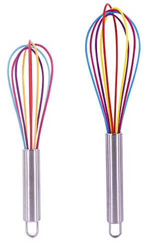 2 Pcs Silicone Whisk Set Mini Rainbow Non Stick Hand Whisk Kitchen Balloon Whisk Manual Egg Beater Silicone Small Plastic Egg Stirrer for Mixing Cooking Baking Hot Chocolate