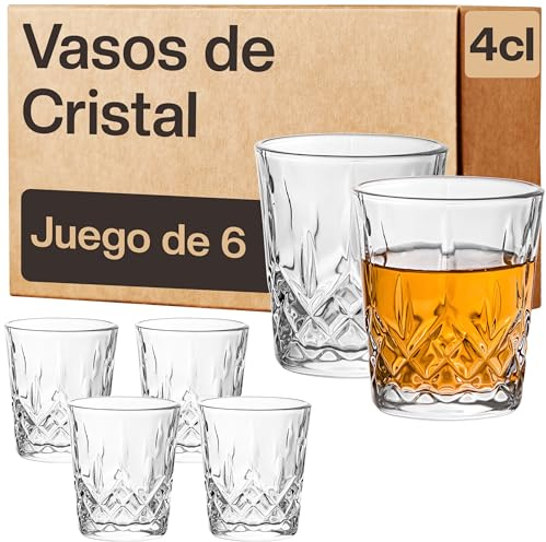 6 Vasos de Chupito de Cristal de 4cl - Aptos para Lavavajillas - Estables gracias a su Base Gruesa - Diseño Vintage tipo Whisky