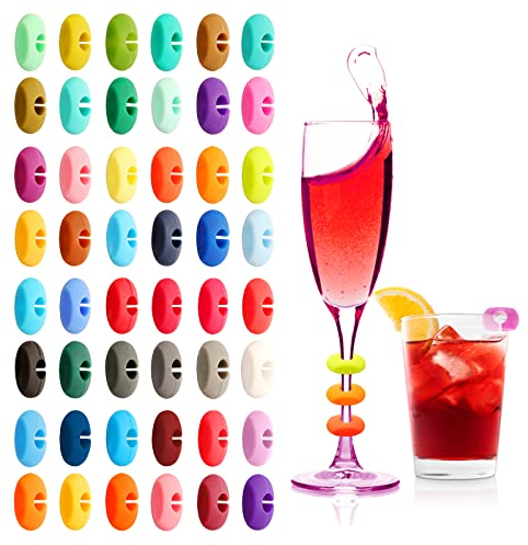 Kaisoil Glasmarkierer 48 Stück Silikon Glasmarker Wiederverwendbare Glas Markierung, Bunt Silikon Party Glasmarkierer für Trinkglas Weinglas Champagnerglas Cocktailglas (48 Farben)