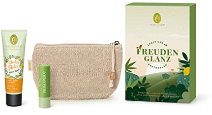 PRIMAVERA Geschenkset Freudenglanz – Glücksgefühle Handcreme, Lip Balm Care & Repair und Kosmetiktasche – hautpflegend, erfrischend, stimmungshebend – Naturkosmetik