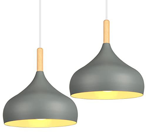 iDEGU Hängelampe Retro 24cm Hängeleuchte Moderne Skandinavisch E27 Deckenleuchte aus Metall Holz Pendelleuchte für Schlafzimmer Esszimmer Küche Wohnzimmer (Grau, 2 Stücke)