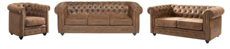Vente-unique - Sofá 3 plazas + Sofá 2 plazas+ Sillón Chesterfield - Microfibra - marrón