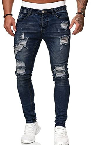 Osheoiso Jean Troué Homme Mode Skinny Slim Fit Pantalon Denim Styles Déchiré Sport Trousers avec Fermeture Éclair Casual Pants Trekking Outdoor Cargo Vintage A Bleu Foncé L