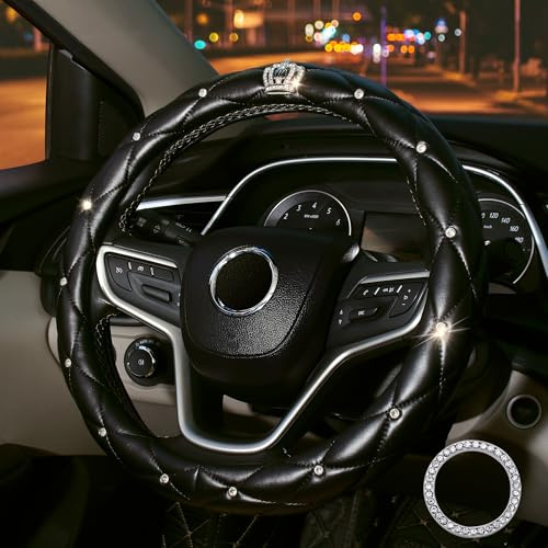 coofig Lenkradbezug Glitzer Universal Lenkradhülle Leder Universal 38cm/15 Inch Strass Lenkrad Bezug Atmungsaktive Steering Wheel Cover Auto Zubehör Innenraum Frauen (Schwarz)