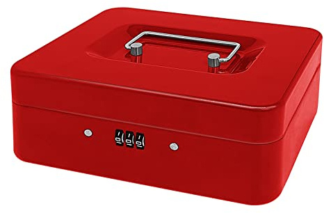 Geldkassette aus Stahl mit Zahlenschloss, kleiner Geldorganizer aus Metall mit abnehmbarem Geldfach, Bargeldaufbewahrungsbox mit abschließbarer Abdeckung (rot – 25 x 20 x 8,5 cm)