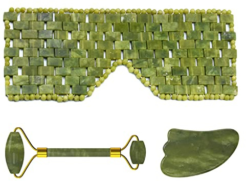 Jade Facial Roller Schlafmaske Für Die Augengesichtsmassage 100% Naturstein Gouache Scraper Massage Roller Set,Jade-Maske-LY