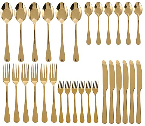 ANKROYU Goldenes Besteckset, 30 teiliges Besteckset aus Edelstahl, Inklusive Messer, Gabel Und Löffel, Besteckset Für Zuhause, Restaurant, Wohnung Und Küche