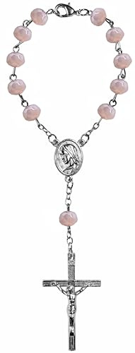 Kaltner Präsente Geschenkidee - Kurzer Auto Rosenkranz für Damen und Herren mit Kreuz Anhänger Marienbild und Glas Perlen Farbe Pink (Länge 17 cm)