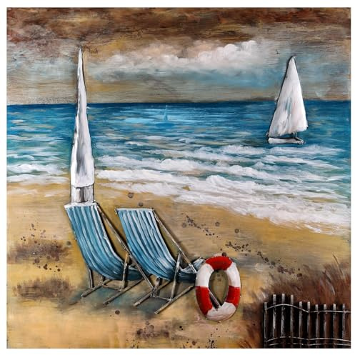 Wandbild 3D-Optik Metallbild handmade Beach Lifebelt 100x100cm Relief Unikat Bild