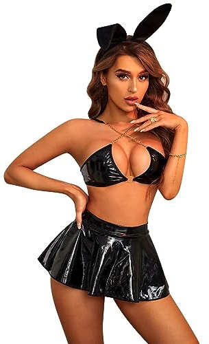 ROSVAJFY Damen Bunny Girl Lack Leder Dessous, Sexy Hasenmädchen Cosplay Uniform, Wetlook Rave Outfits Musik Festival Häschen Kostüm Halloween 4 Stück Top+Minirock+Tanga+Stirnband