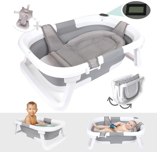BEBELEH™ Hopfällbart babybadkar med termometer – badkar + babybadkarsrem + rem för nyfödd – babybadkar nyfödd till småbarn 0-24 månader – det ultimata babybadkaret! (med termometer, grå)
