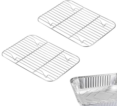 Linkidea 2-pack rostfritt stål hylla kompatibel med lager ditt hem, stapel man, Nicole hemsamling engångs halvstorlek foliepannor, 24,4 cm x 19,0 cm ugnssäker galler trådbunden ställning för grill,