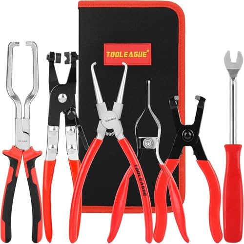 TOOLEAGUE Fuel Line Pliers Set 6Pcs, Hose Remover, 9 Fuel Filter Caliper, Hose Pipe Clamp Clip, Flat Hose Clamp Plier, 30 Degree Disconnect Pliers Set for Auto Maintenance with Storage Case