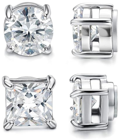 CASSIECA 2Pares Pendientes Magnéticos, Pendientes de Imán para Hombre Mujer Pendiente magnéticos Hombre Diamante Pendiente Iman Hombres Plata Circonita Falso Clip Non Piercing 7mm
