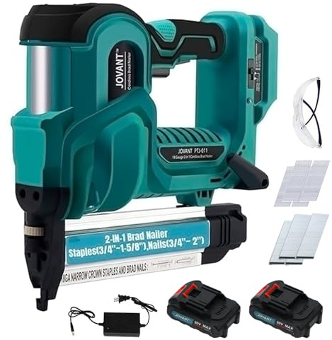 Brad Nailer Electric, 18 Gauge Brad Nail Gun, 2-in-1 Brad Nailer with 800pcs Nails&Staples, Nail Gun with 2×2.0Ah Batteries, for Woodworking, Home Improvement JOVANT