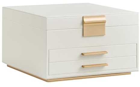 SONGMICS Schmuckkästchen mit Spiegel und Led-Leuchten, Schmuckkasten mit 3 Ebenen, 2 Schubladen, PU, schwebender Sockel, Geschenkidee, 23 x 23 x 14 cm, cremeweiß-goldfarben JBC169W01