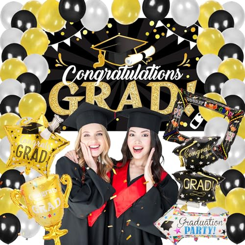56 Stück Graduation Deko Abi 2024 Deko Abschluss Deko Bachelor Deko Graduation Abschlussfeier Dekoration Luftballons Abschlussfeier-Banner für Abschlussfeiern für Alle Altersgruppen