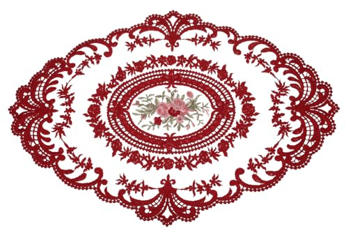 QUARKZMAN Retro Spitzen Tischset Spitzendeckchen 31x42 cm Oval Bestickte Tischsets Französische Häkeldeckchen Untersetzer Tassenmatte für Zuhause Hochzeit, Dunkelrot