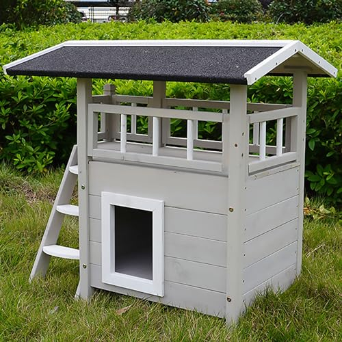 Wildkatzenhaus für Draußen, 2-stöckiger Wetterfester Katzenunterschlupf für Draußen, Katzenwohnung, mit Treppe Und Balkon