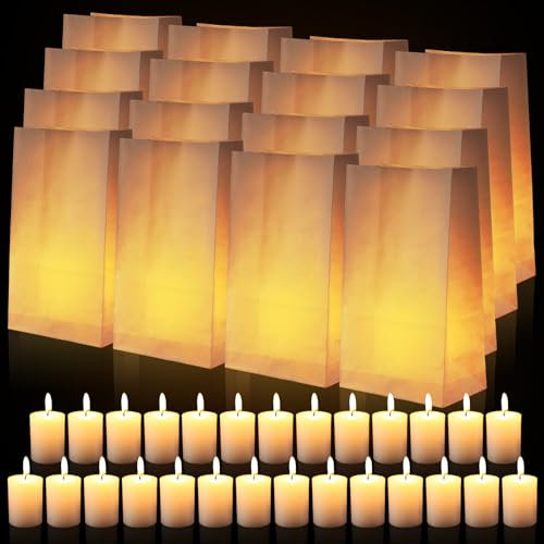 Conelist 72 Sets White Luminary Bags with Unscented Candles 72 Paper Candle Bags White Lantern Bags 72 White Votive Candles Bulk Candles for Wedding Christmas Holiday Party, Each 10 Hours Burning