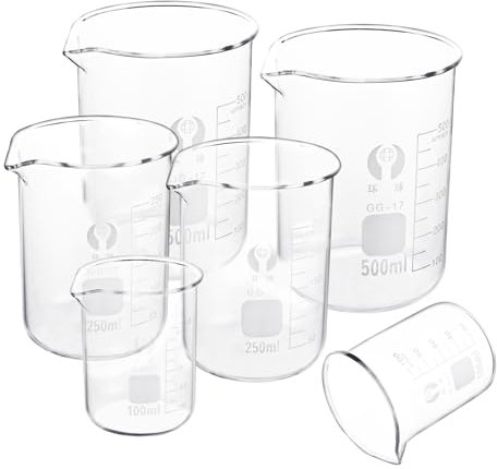 VIDETOL Lot de 6 verres doseurs en verre borosilicate avec graduation et bec verseur pour laboratoire, cuisine - 100 ml/250 ml/500 ml
