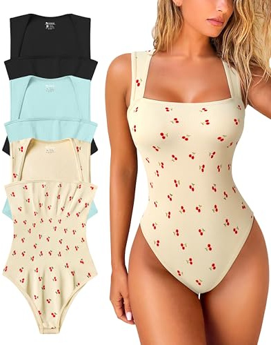 OQQ Women's 3 Piece Bodysuits Sexy Ribbed Strappy Square Neck Sleeveless Tummy Control Tank Tops Bodysuits Black Sea salt blue Cherry beige