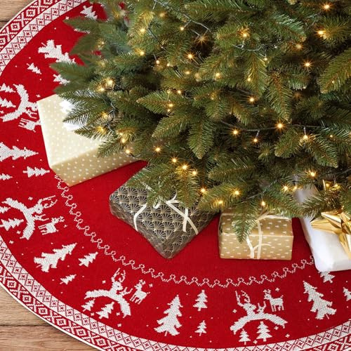 Bseical Jupe De Sapin De Noel, 120 cm Cache Pied Sapin De Noel, Ronde Pied De Sapin De Noel, Tricot Tapis Sapin Noel, Couvre-Pied De Sapin pour Arbres De NoëL DéCorations De FêTes De Noel (Rouge)