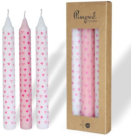 COMFORDER Taper Candles Set Printed, 3 x Table Candles with Motifs - Small Hearts, 20 cm, 7 Hours Burning Time (White + Pink)
