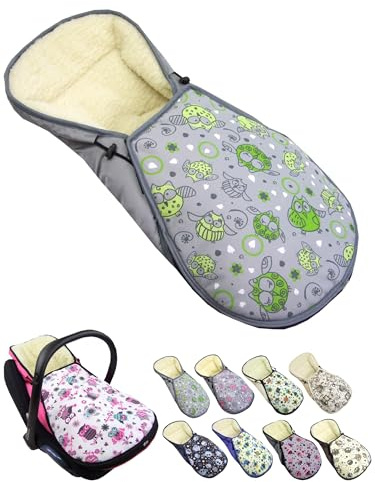Fotsäck för babystol [vinteråkpåse] för barnbilstol kompatibel med Maxi Cosi babyskålar grupp 0 lammull sittdyna justerbar (uggla 11)