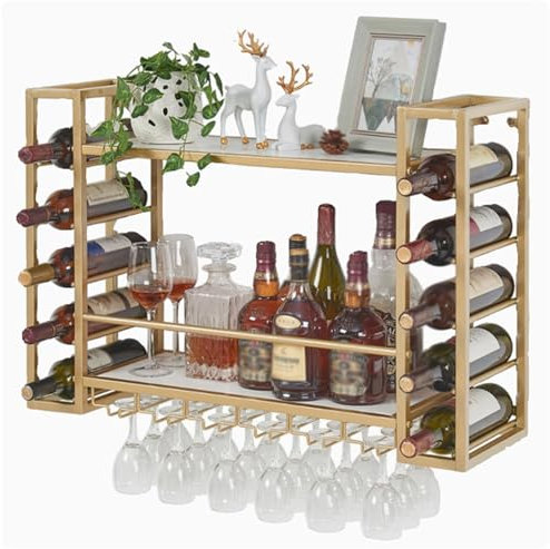 ZENSTYW Soporte para Botellas De Vino Vinoteca Wine Rack Botellero Vertical Soporte para Botellas Colgante Botellero De Pared Industrial Botellero con Soporte De Cristal Estantería De Metal(Gold)
