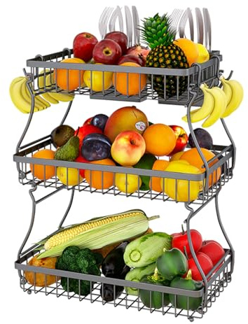 Braozaiw Fruit Basket, 3 Tier Fruit Bowl，with Steel Handle and Banane Hocks, Kitchen Countertop Rack, Vegetable Rack,Ideal for Holding Fruit, Vegetables,Snacks,Cupcakes,Black